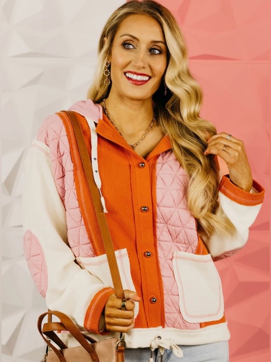 Mod Boutique Jackets & Blazers - Colorblock Quilted Hooded Bomber Jacket in Pink, Orange & Cream